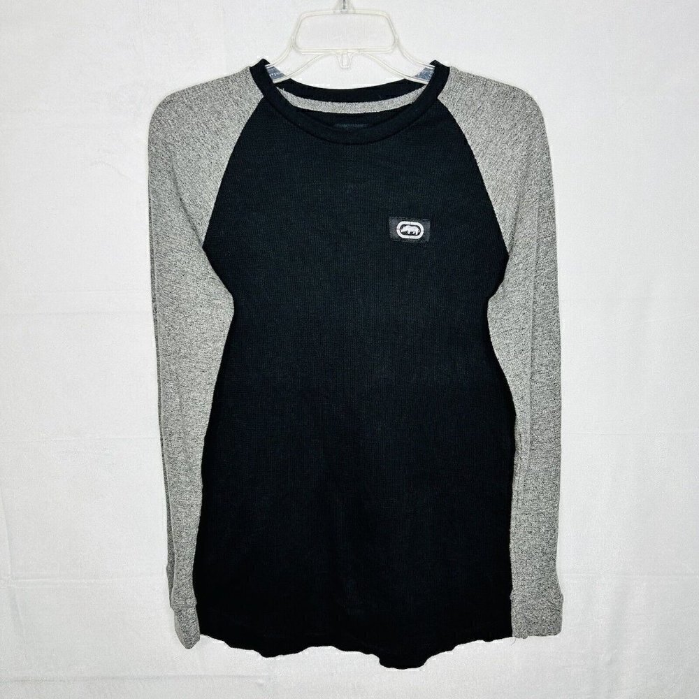 Ecko Unltd Shirt Mens Large Black/Gray Waffle Knit Thermal Long-Sleeve